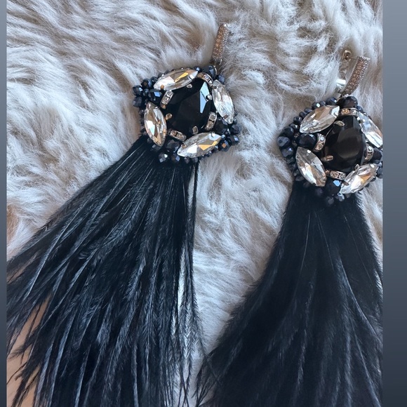 NEW Luxury Feather Earrings Black Silver Rhinestones Limited Chrystal Drop - Picture 7 of 8